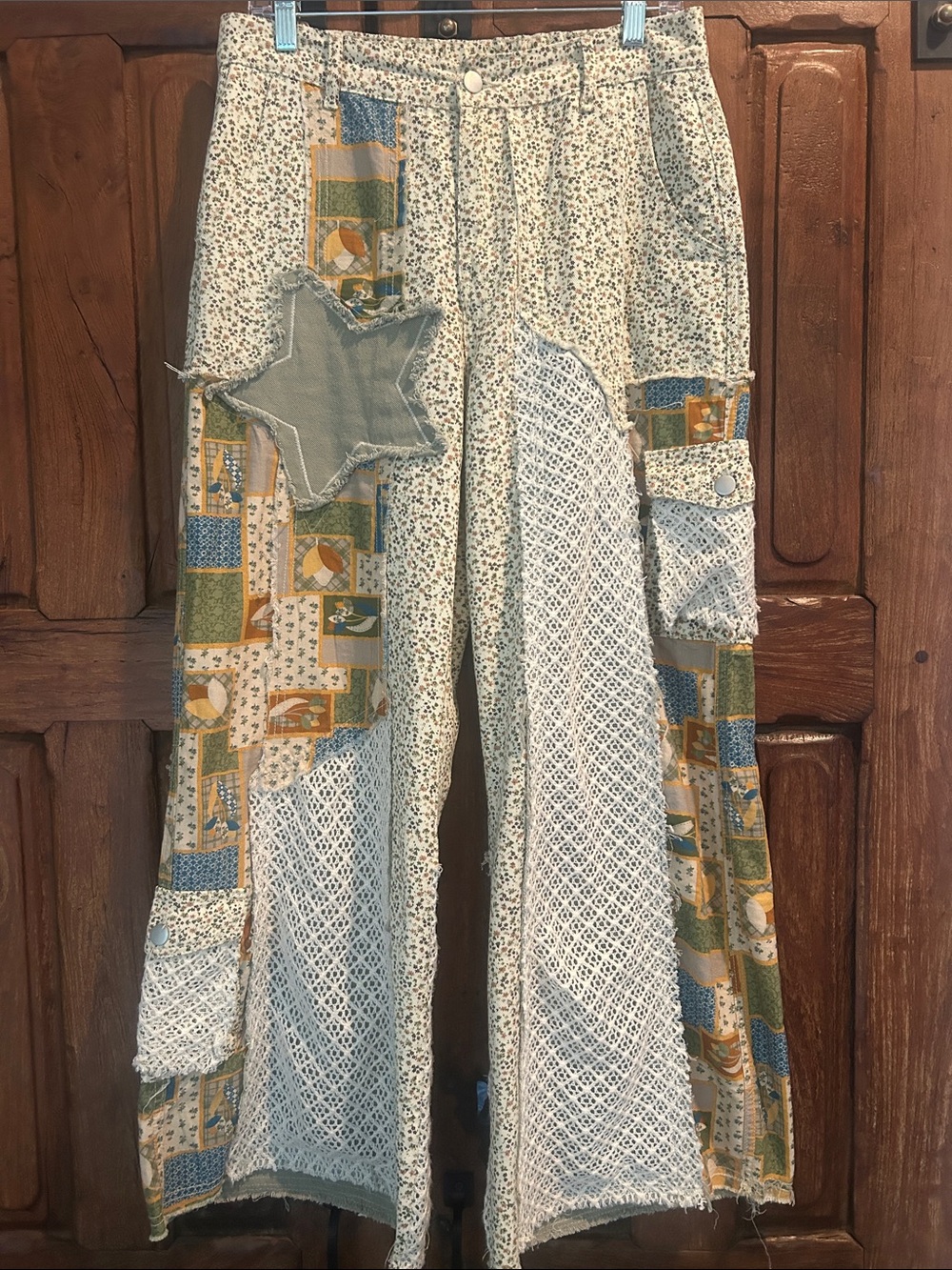 POL Patchwork Wide-Leg Pants in Cream, Blue and Green - Picture 1 of 5
